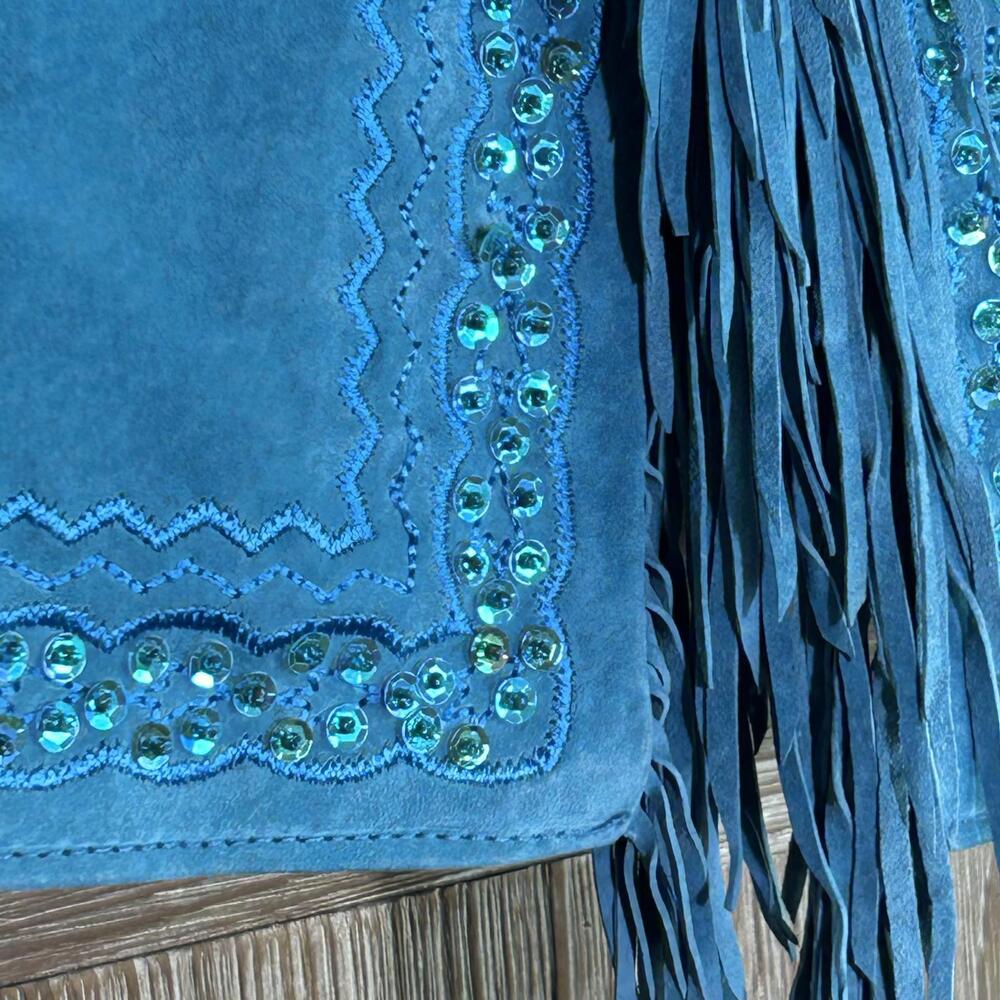 Drapers & Damons Embroidered Teal Leather Jacket Fringe Size 1X Boho Art to Wear - Picture 3 of 6